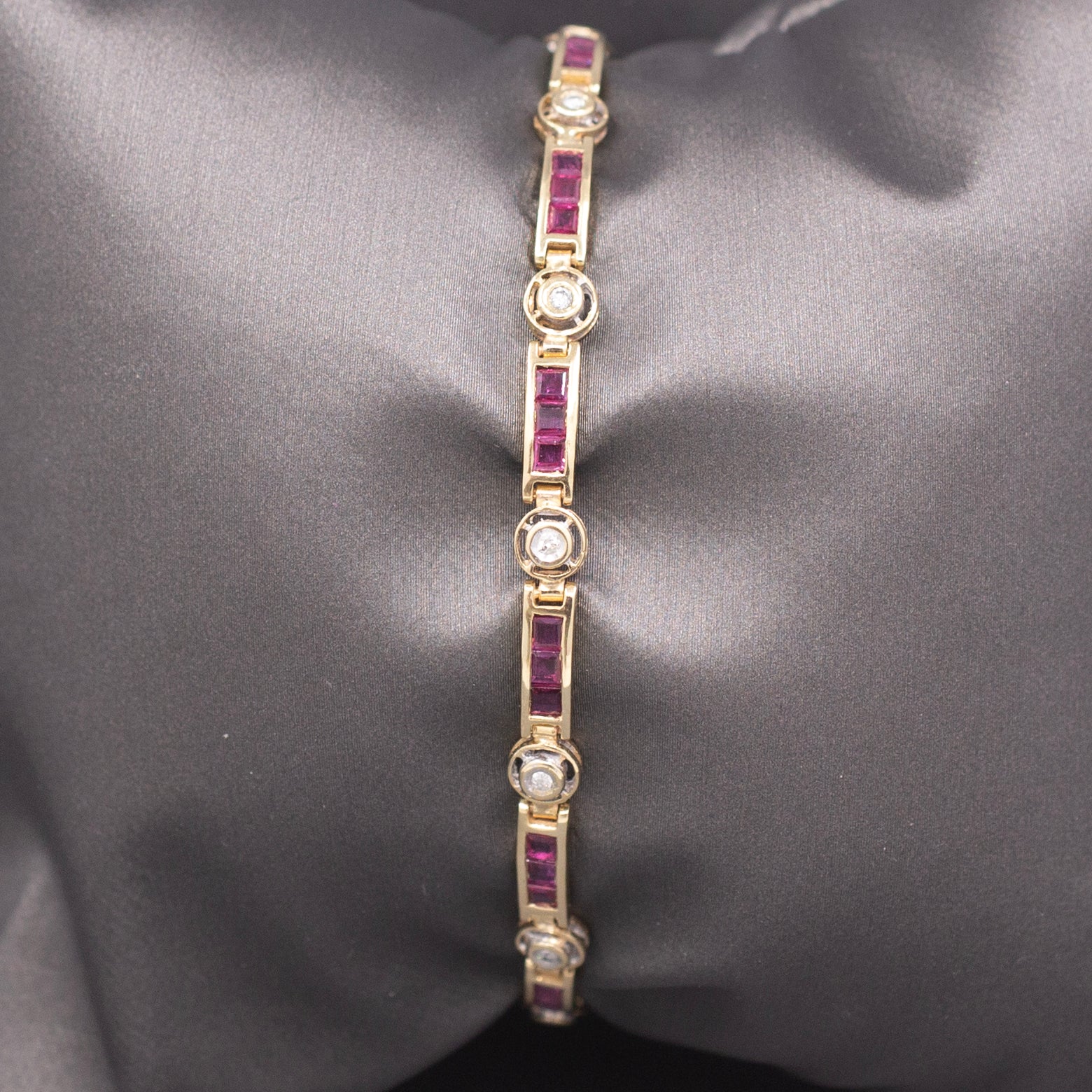 Vintage Ruby and Diamond Bar Link Bracelet in 14k Yellow Gold