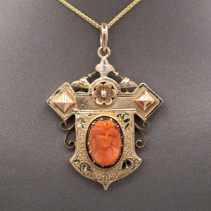 Antique Victorian Coral Cameo and Taille d'Epargne Architectural Pendant in 14k Yellow Gold