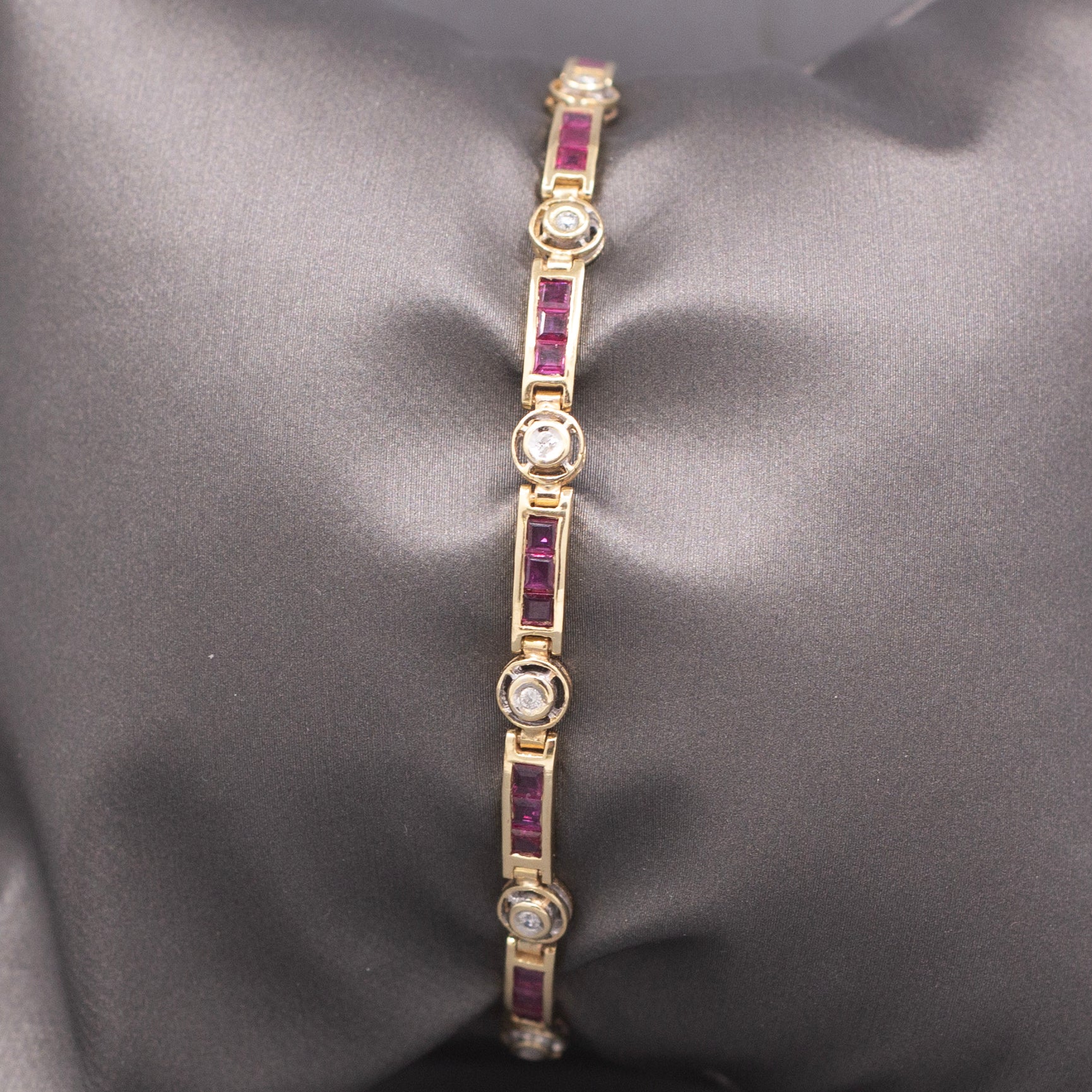 Vintage Ruby and Diamond Bar Link Bracelet in 14k Yellow Gold
