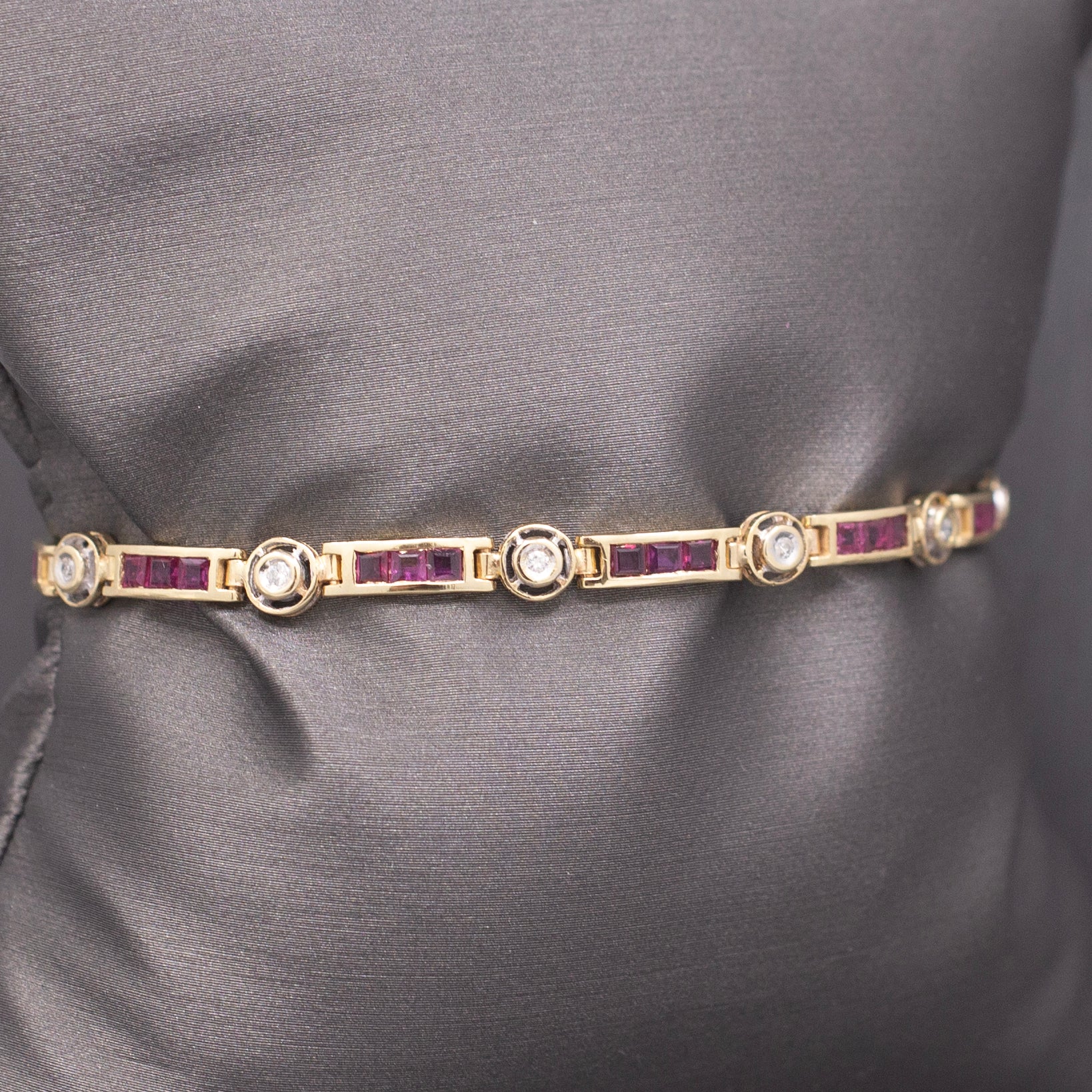 Vintage Ruby and Diamond Bar Link Bracelet in 14k Yellow Gold