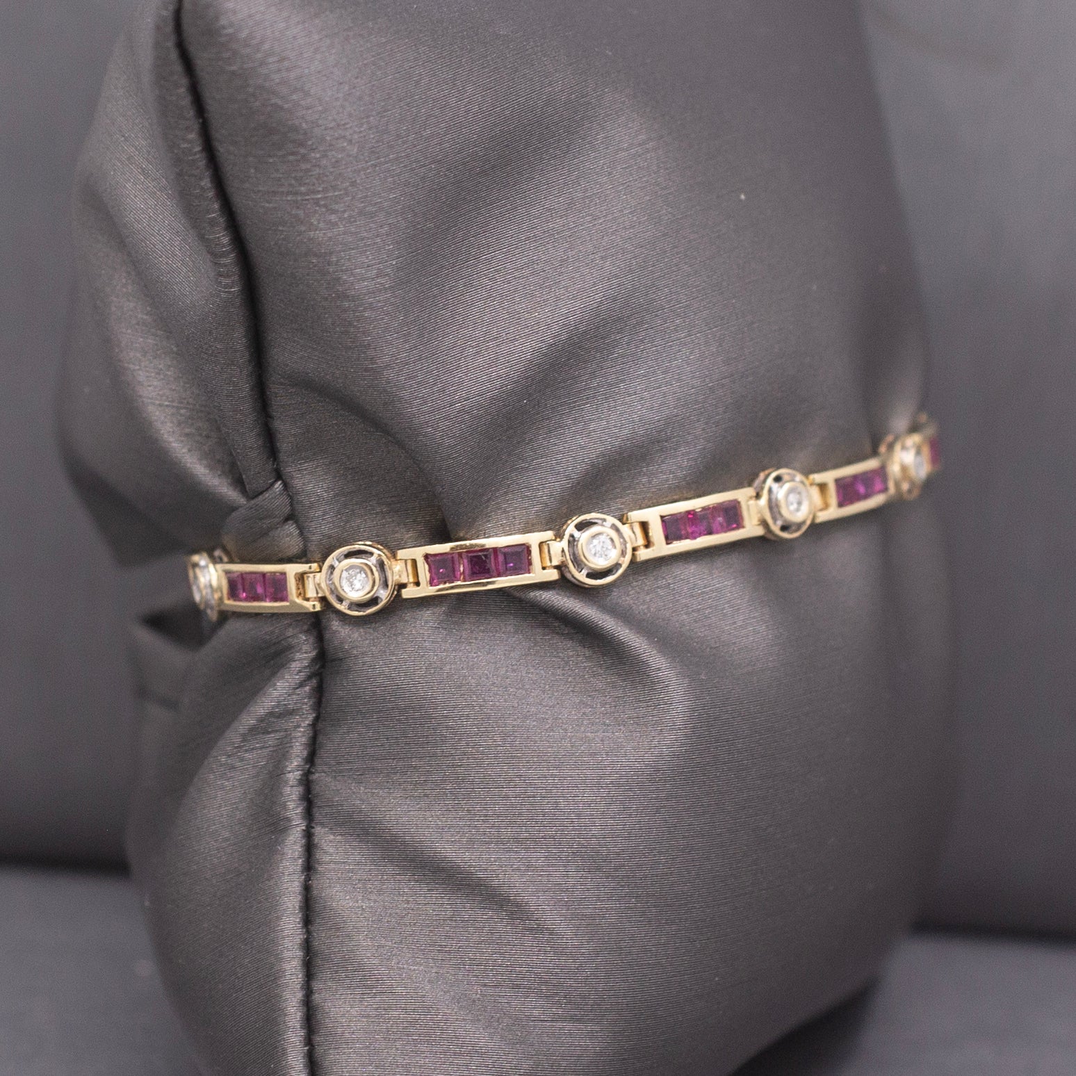Vintage Ruby and Diamond Bar Link Bracelet in 14k Yellow Gold