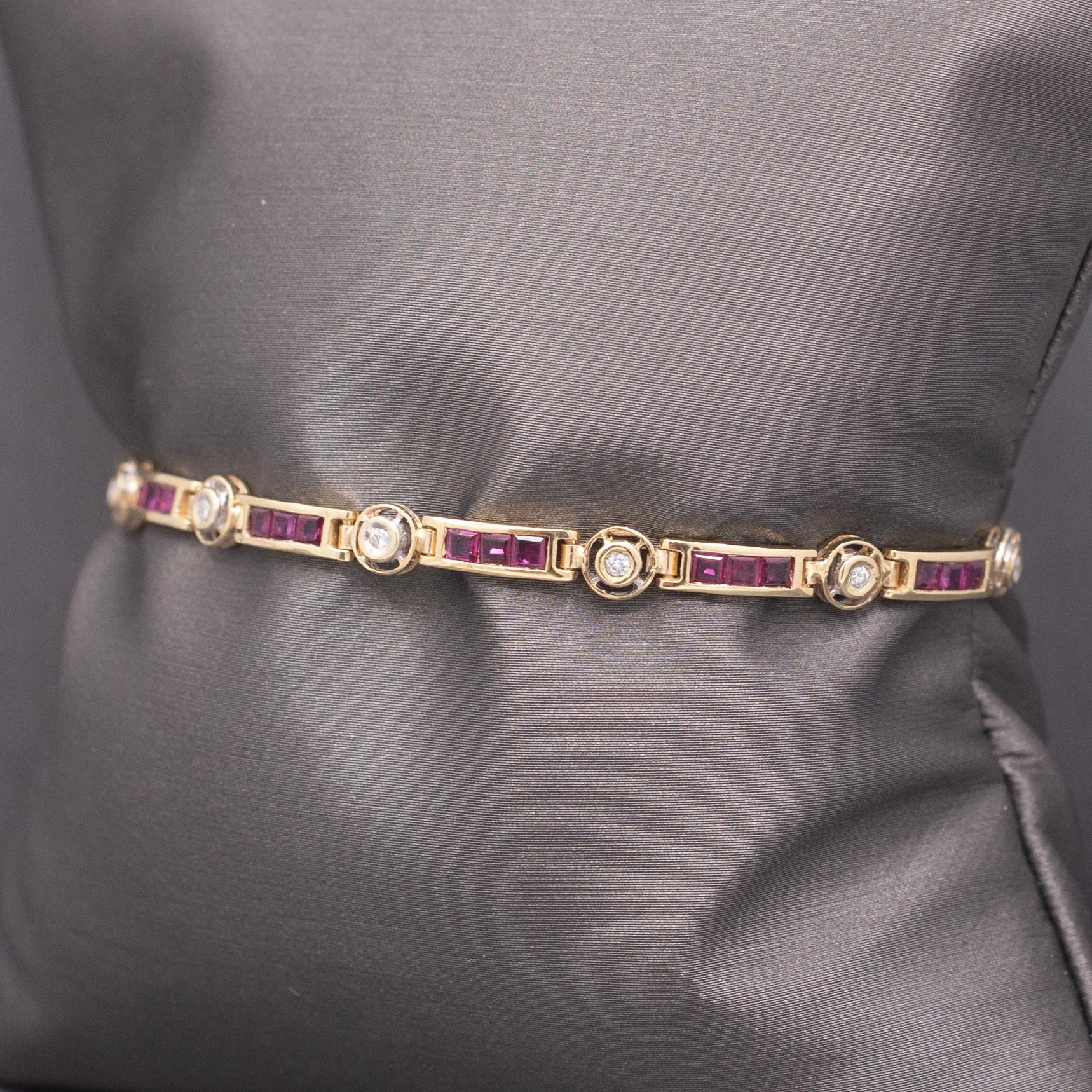 Vintage Ruby and Diamond Bar Link Bracelet in 14k Yellow Gold