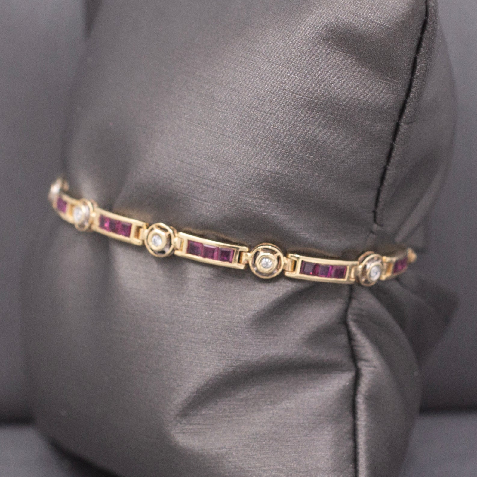 Vintage Ruby and Diamond Bar Link Bracelet in 14k Yellow Gold