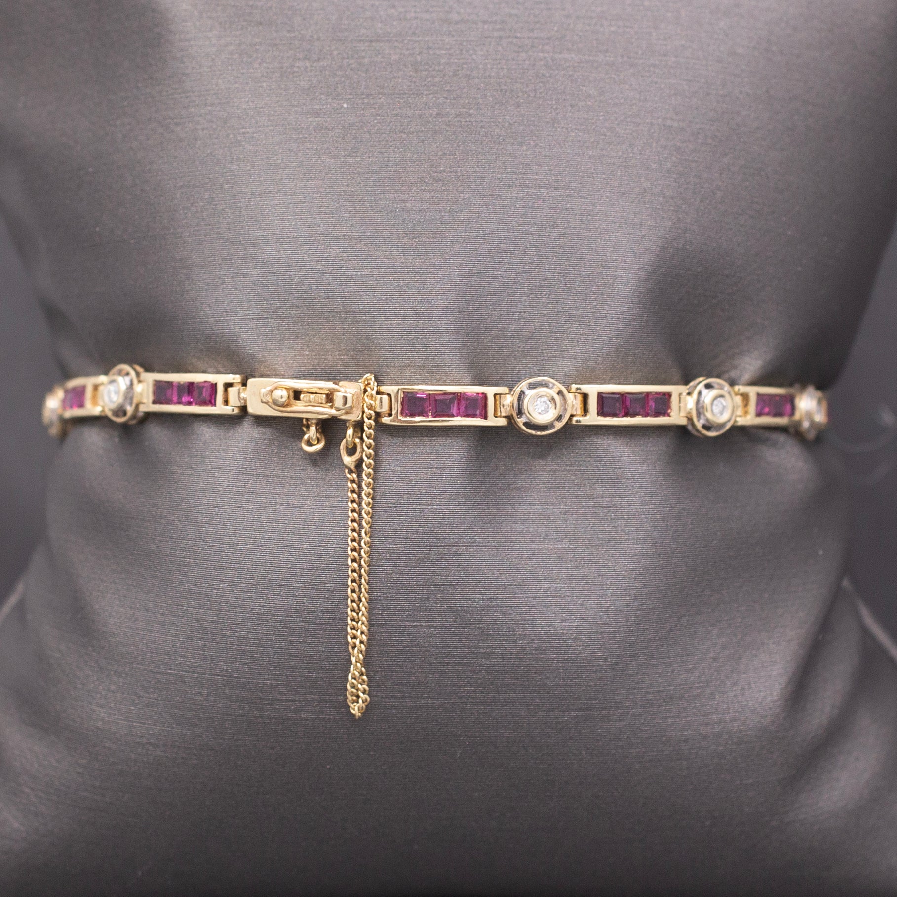 Vintage Ruby and Diamond Bar Link Bracelet in 14k Yellow Gold