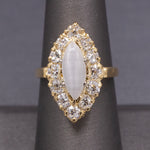 Antique Victorian Cat's Eye Moonstone and Old Mine Cut Diamond Navette Ring in 14k Yellow Gold