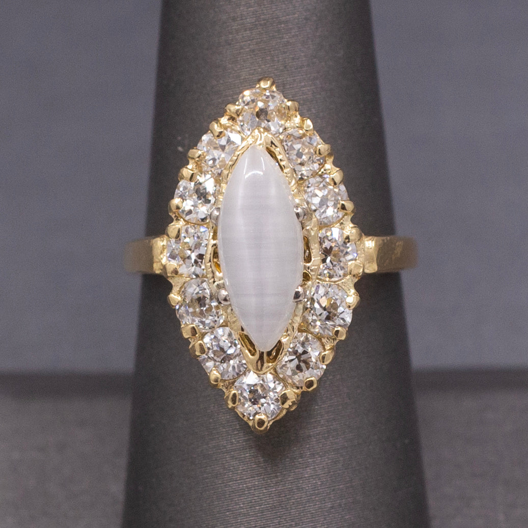 Antique Victorian Cat's Eye Moonstone and Old Mine Cut Diamond Navette Ring in 14k Yellow Gold