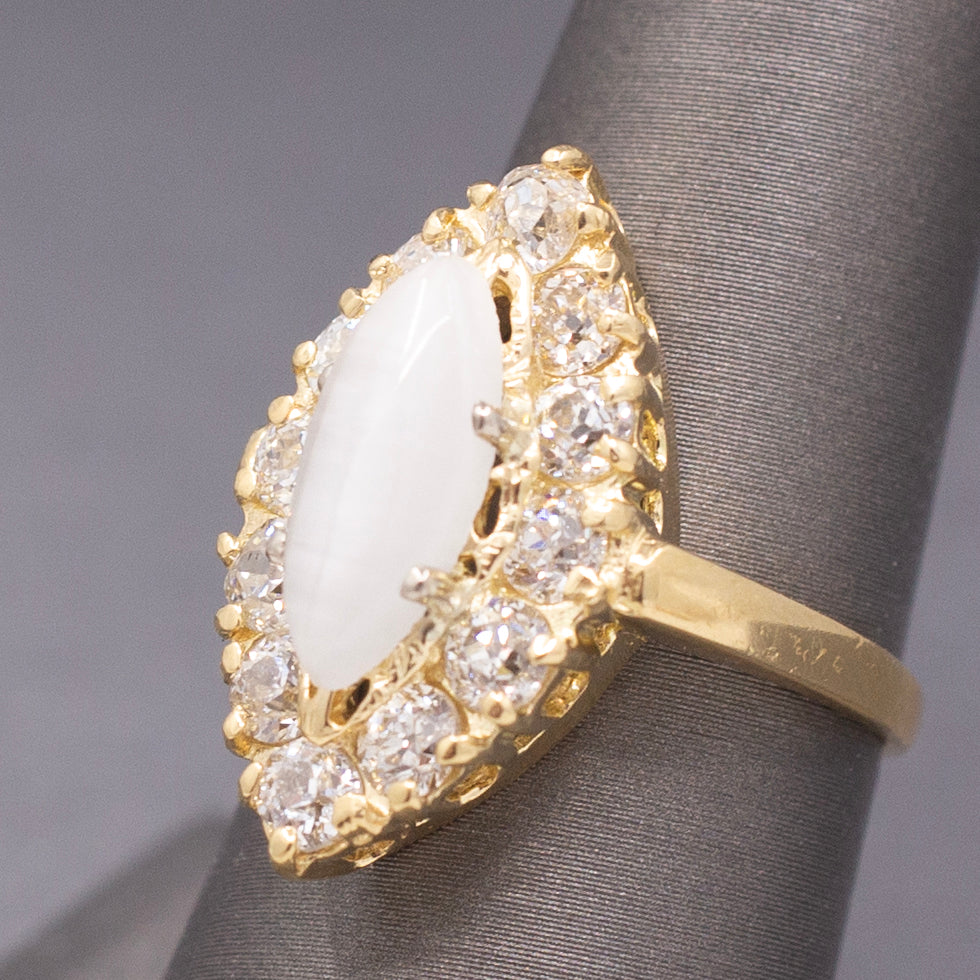 Antique Victorian Cat's Eye Moonstone and Old Mine Cut Diamond Navette Ring in 14k Yellow Gold