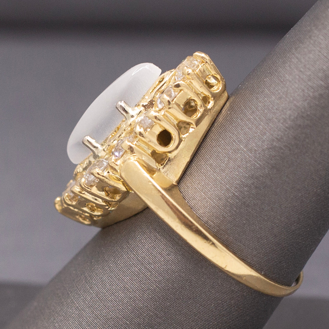 Antique Victorian Cat's Eye Moonstone and Old Mine Cut Diamond Navette Ring in 14k Yellow Gold