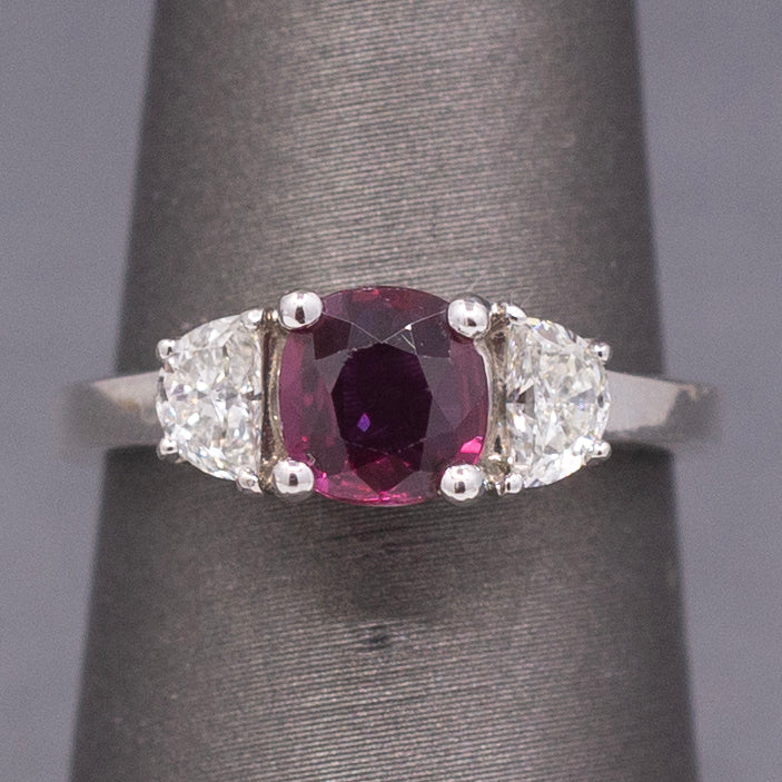 Stunning Deep Ruby and Half Moon Cut Diamond Ring in 18k White Gold