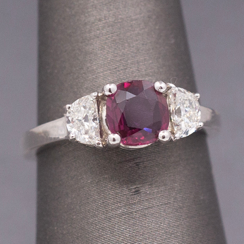 Stunning Deep Ruby and Half Moon Cut Diamond Ring in 18k White Gold