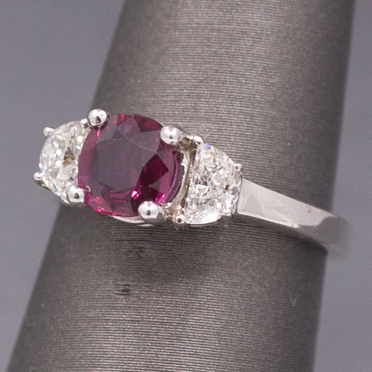 Stunning Deep Ruby and Half Moon Cut Diamond Ring in 18k White Gold
