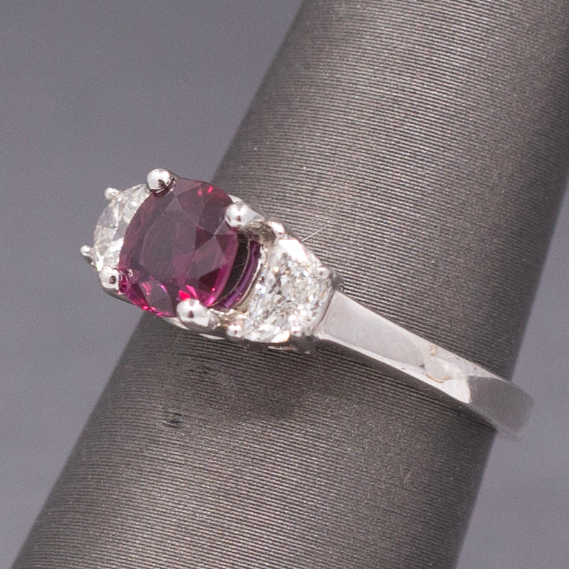 Stunning Deep Ruby and Half Moon Cut Diamond Ring in 18k White Gold