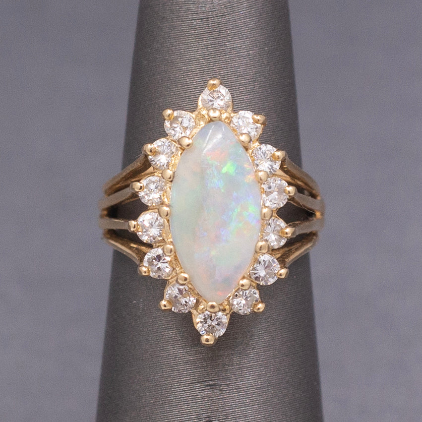 Fiery Australian Opal and Diamond Marquise Ring in 14k Yellow Gold