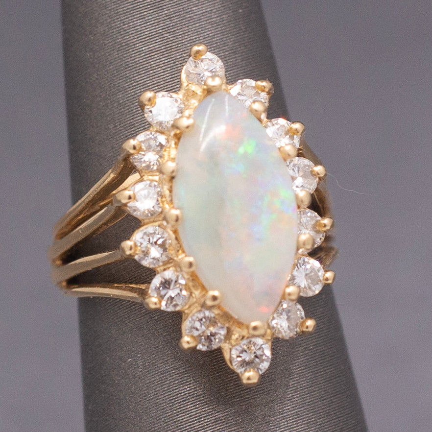 Fiery Australian Opal and Diamond Marquise Ring in 14k Yellow Gold