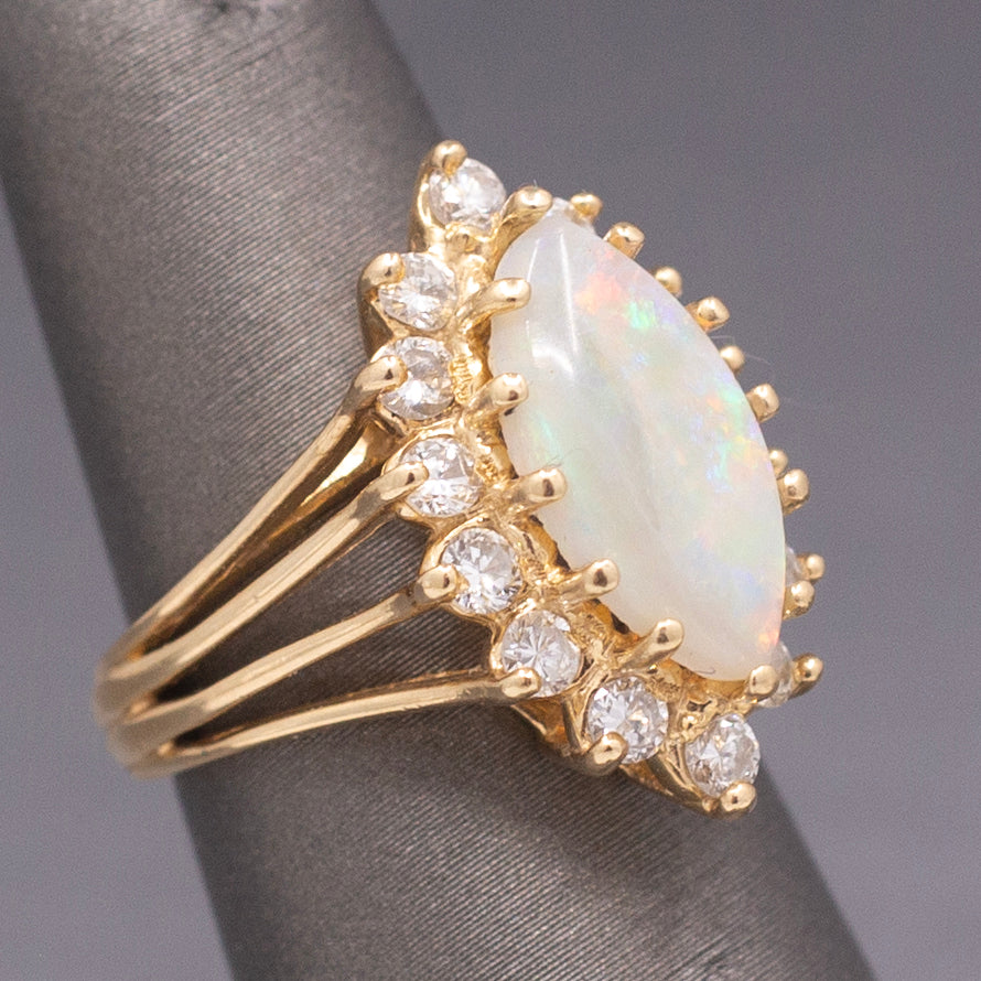 Fiery Australian Opal and Diamond Marquise Ring in 14k Yellow Gold