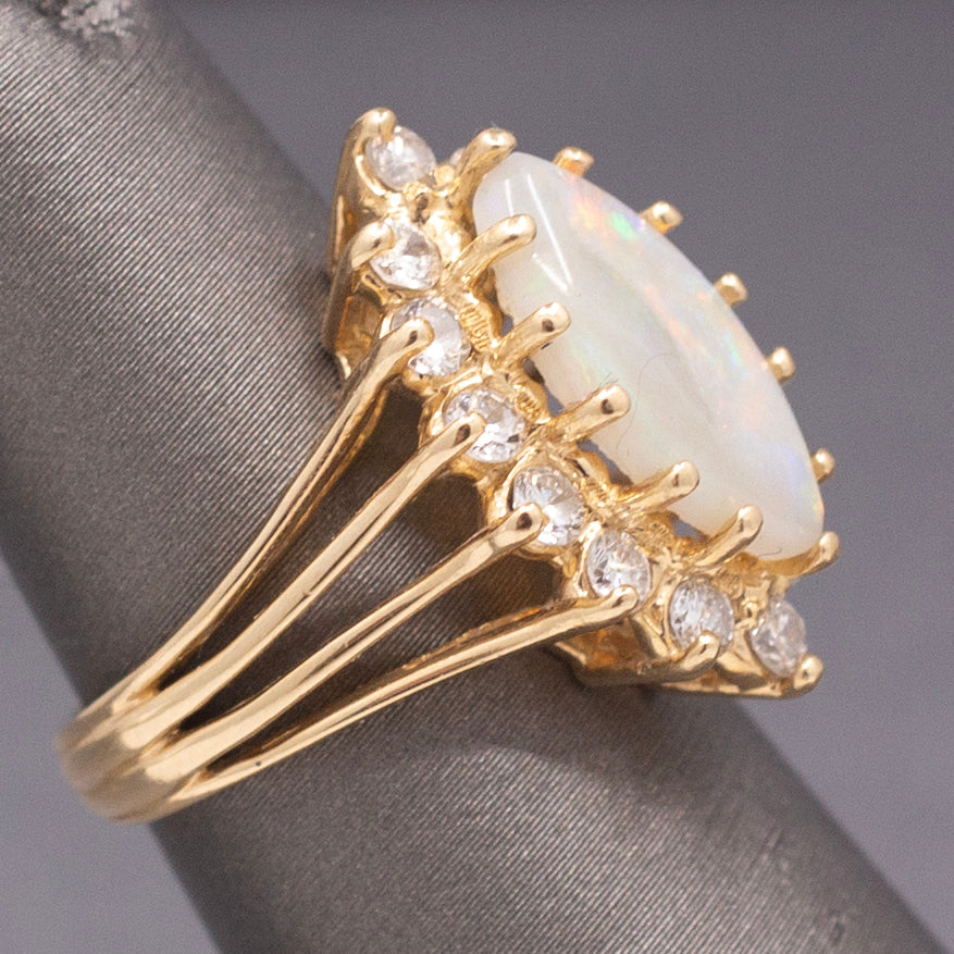 Fiery Australian Opal and Diamond Marquise Ring in 14k Yellow Gold