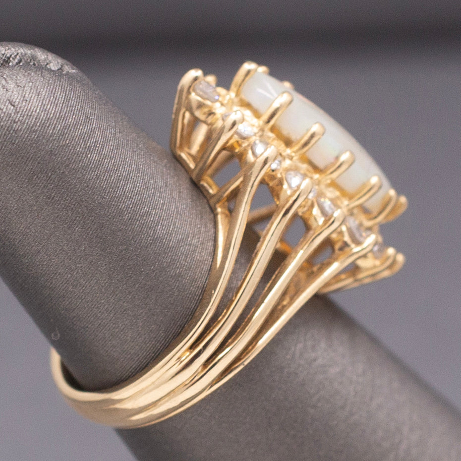 Fiery Australian Opal and Diamond Marquise Ring in 14k Yellow Gold