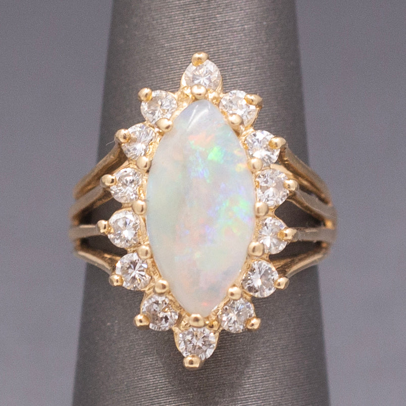 Fiery Australian Opal and Diamond Marquise Ring in 14k Yellow Gold