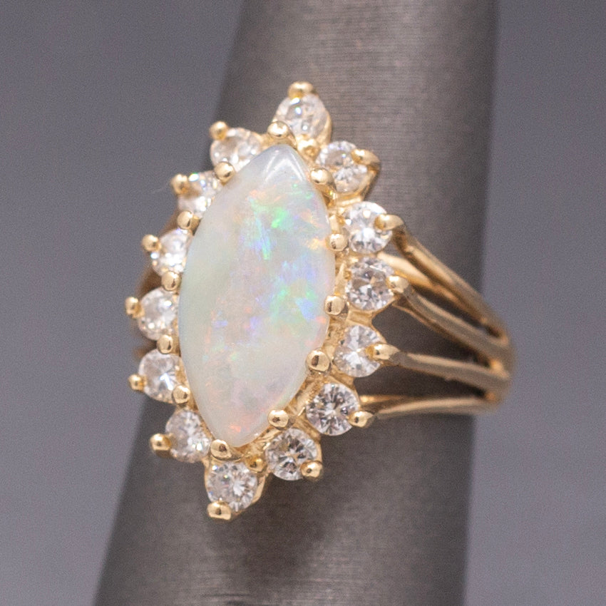 Fiery Australian Opal and Diamond Marquise Ring in 14k Yellow Gold