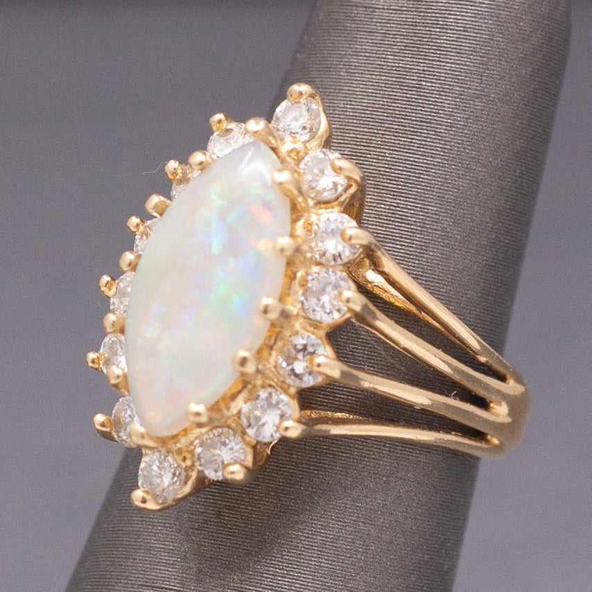 Fiery Australian Opal and Diamond Marquise Ring in 14k Yellow Gold