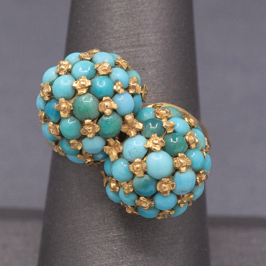 Vintage Italian Turquoise Moi et Toi Bombe Cocktail Ring in 18k Yellow Gold
