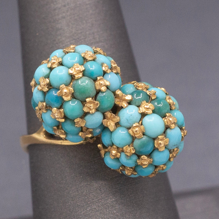 Vintage Italian Turquoise Moi et Toi Bombe Cocktail Ring in 18k Yellow Gold