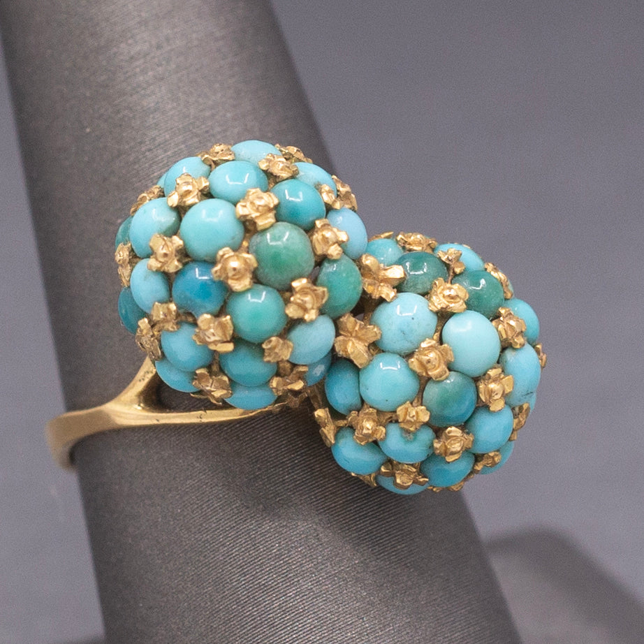 Vintage Italian Turquoise Moi et Toi Bombe Cocktail Ring in 18k Yellow Gold