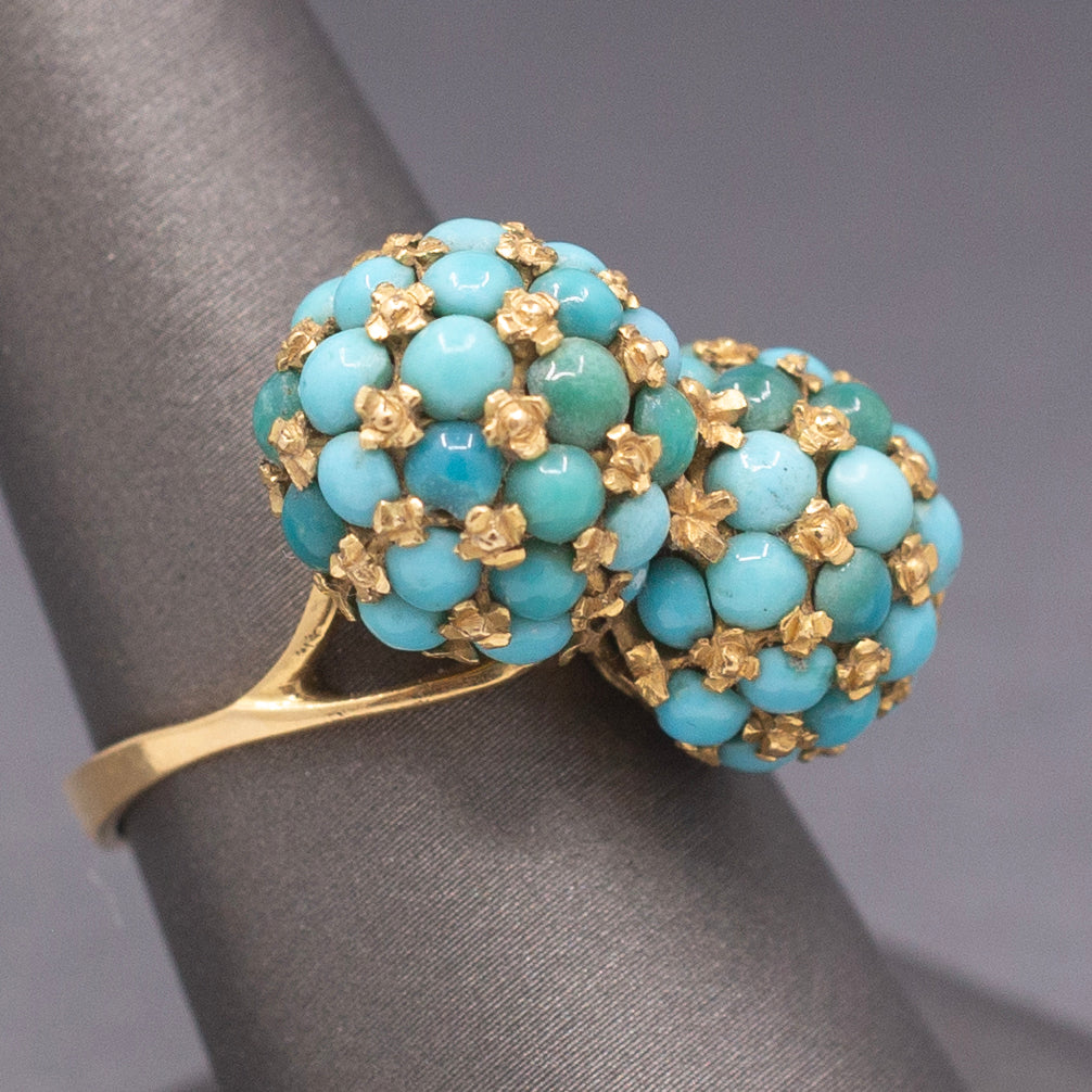 Vintage Italian Turquoise Moi et Toi Bombe Cocktail Ring in 18k Yellow Gold