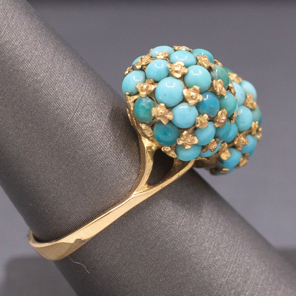 Vintage Italian Turquoise Moi et Toi Bombe Cocktail Ring in 18k Yellow Gold