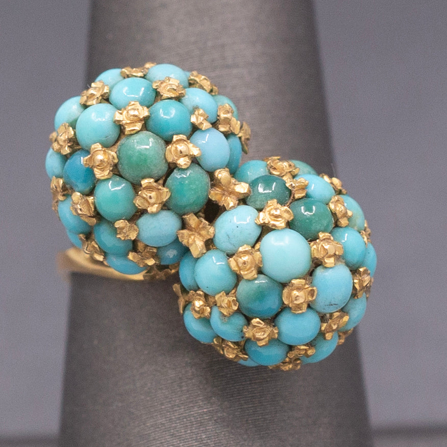Vintage Italian Turquoise Moi et Toi Bombe Cocktail Ring in 18k Yellow Gold
