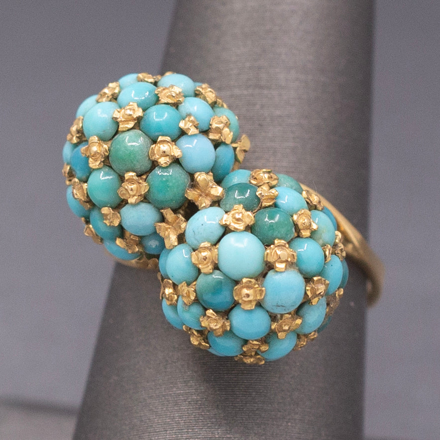 Vintage Italian Turquoise Moi et Toi Bombe Cocktail Ring in 18k Yellow Gold