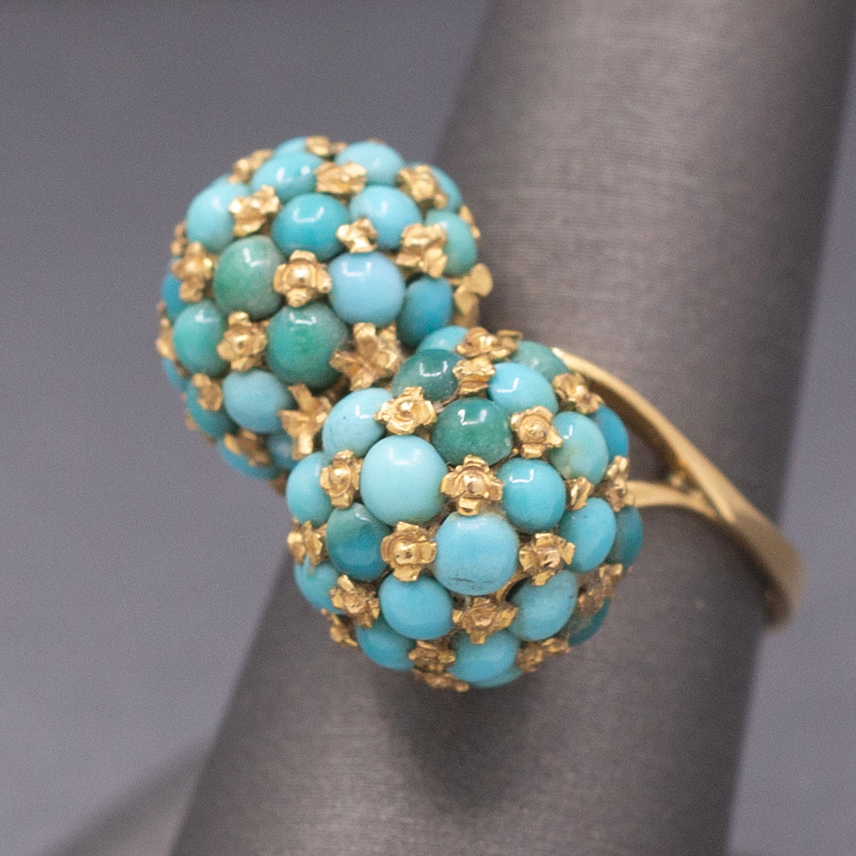 Vintage Italian Turquoise Moi et Toi Bombe Cocktail Ring in 18k Yellow Gold
