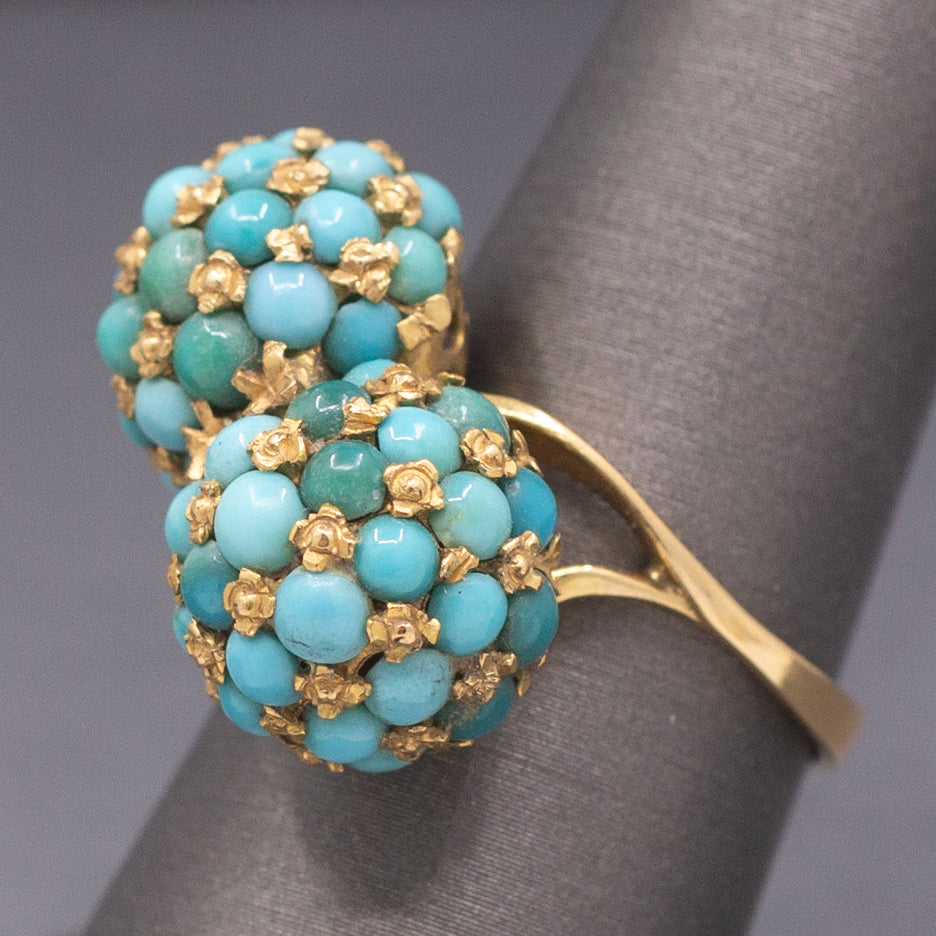 Vintage Italian Turquoise Moi et Toi Bombe Cocktail Ring in 18k Yellow Gold