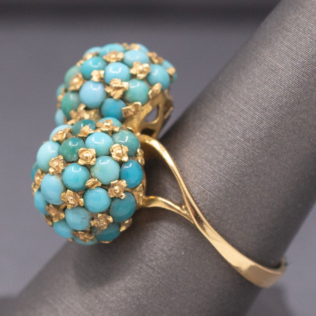 Vintage Italian Turquoise Moi et Toi Bombe Cocktail Ring in 18k Yellow Gold
