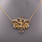 Antique Victorian Seed Pearl and Blue Sapphire Pendant Necklace in 14k Yellow Gold