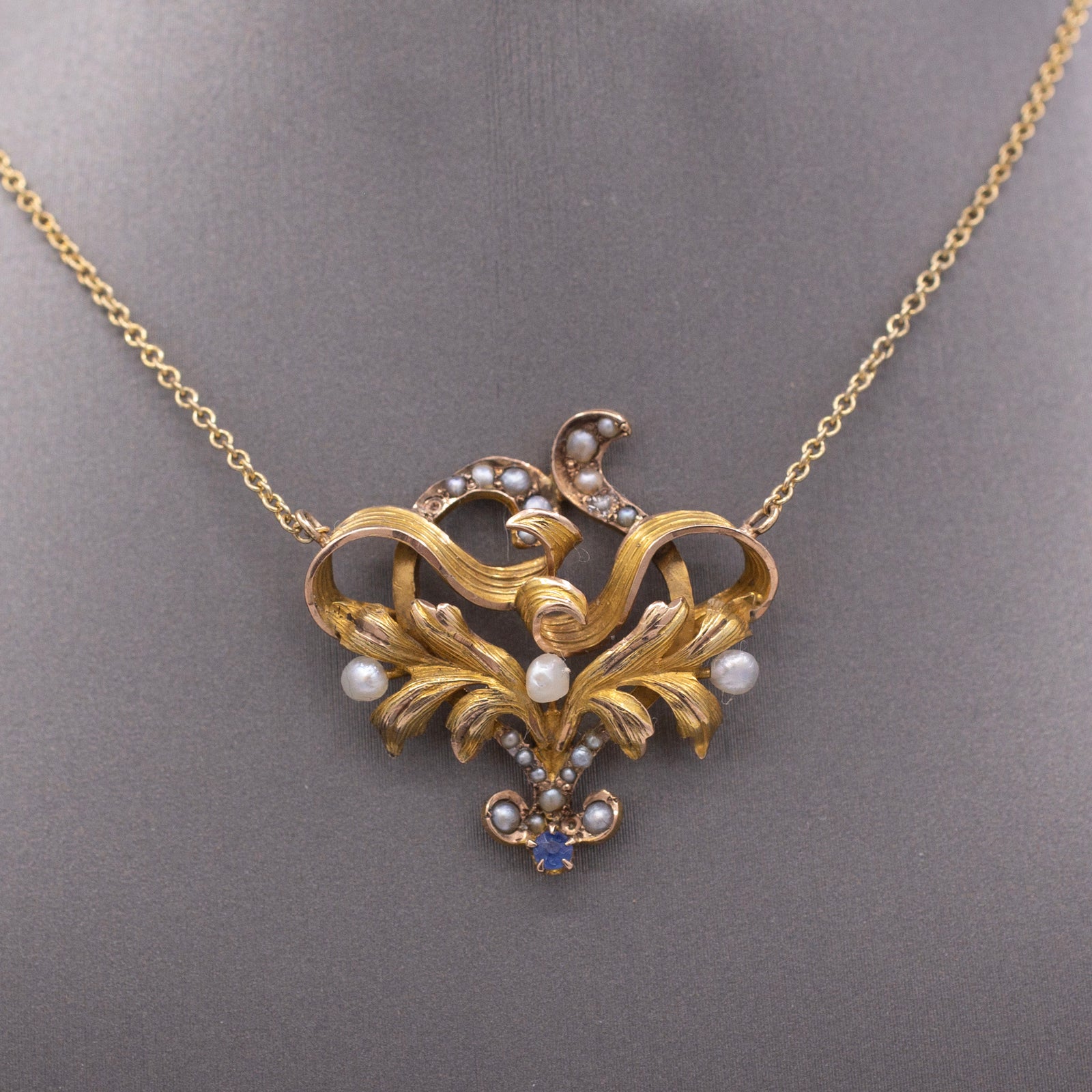 Antique Victorian Seed Pearl and Blue Sapphire Pendant Necklace in 14k Yellow Gold