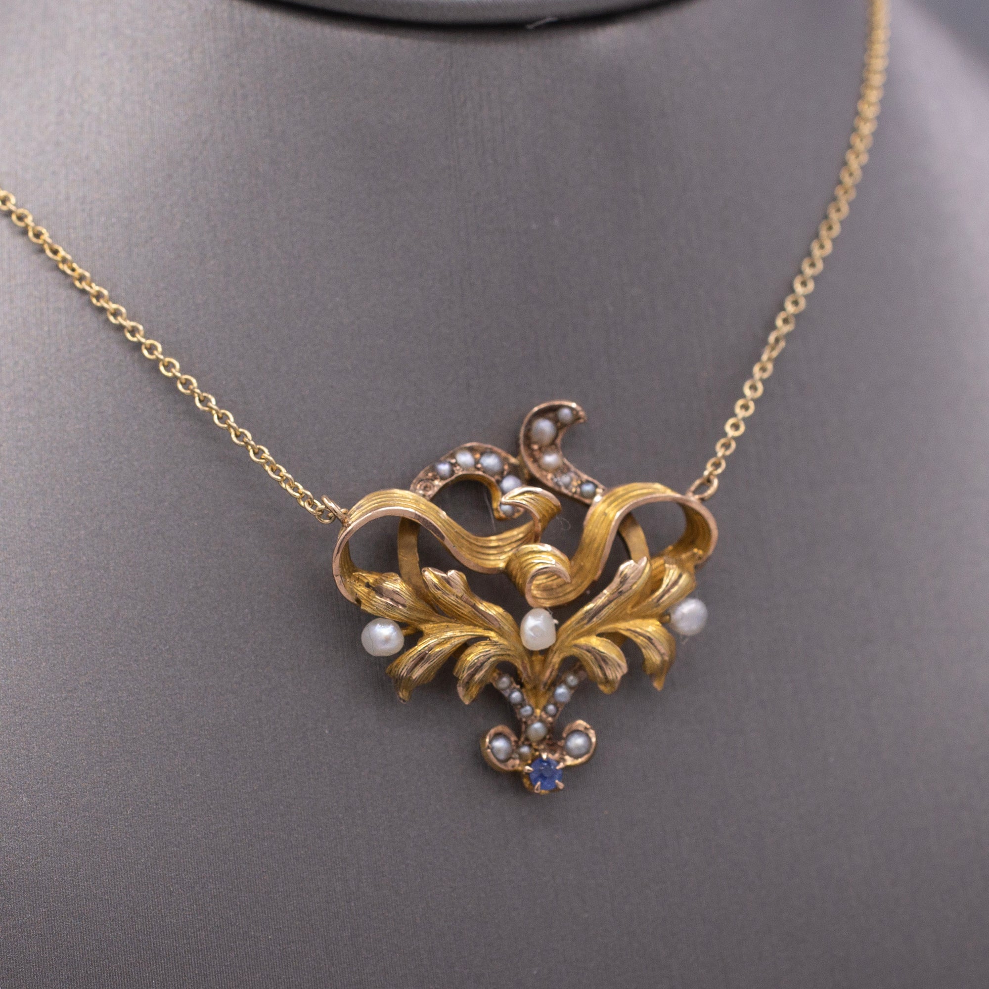 Antique Victorian Seed Pearl and Blue Sapphire Pendant Necklace in 14k Yellow Gold