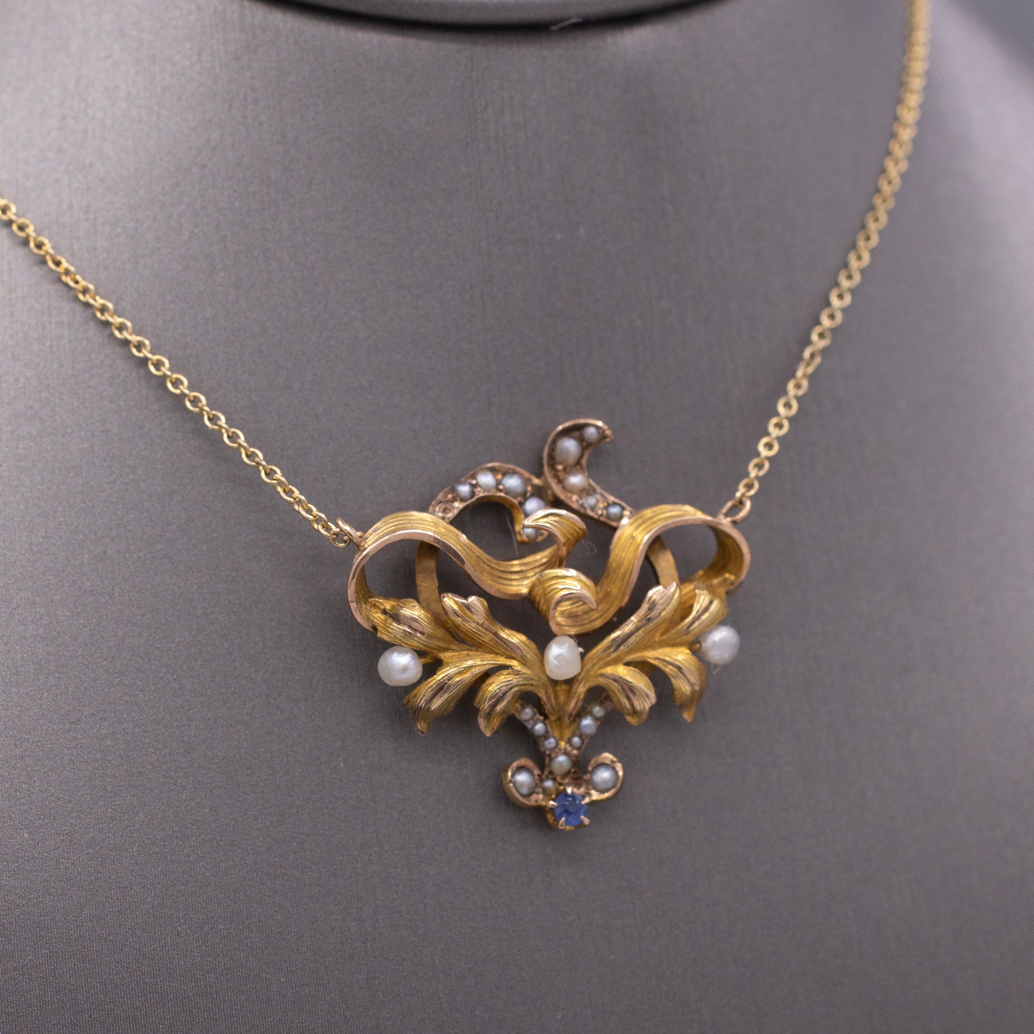 Antique Victorian Seed Pearl and Blue Sapphire Pendant Necklace in 14k Yellow Gold