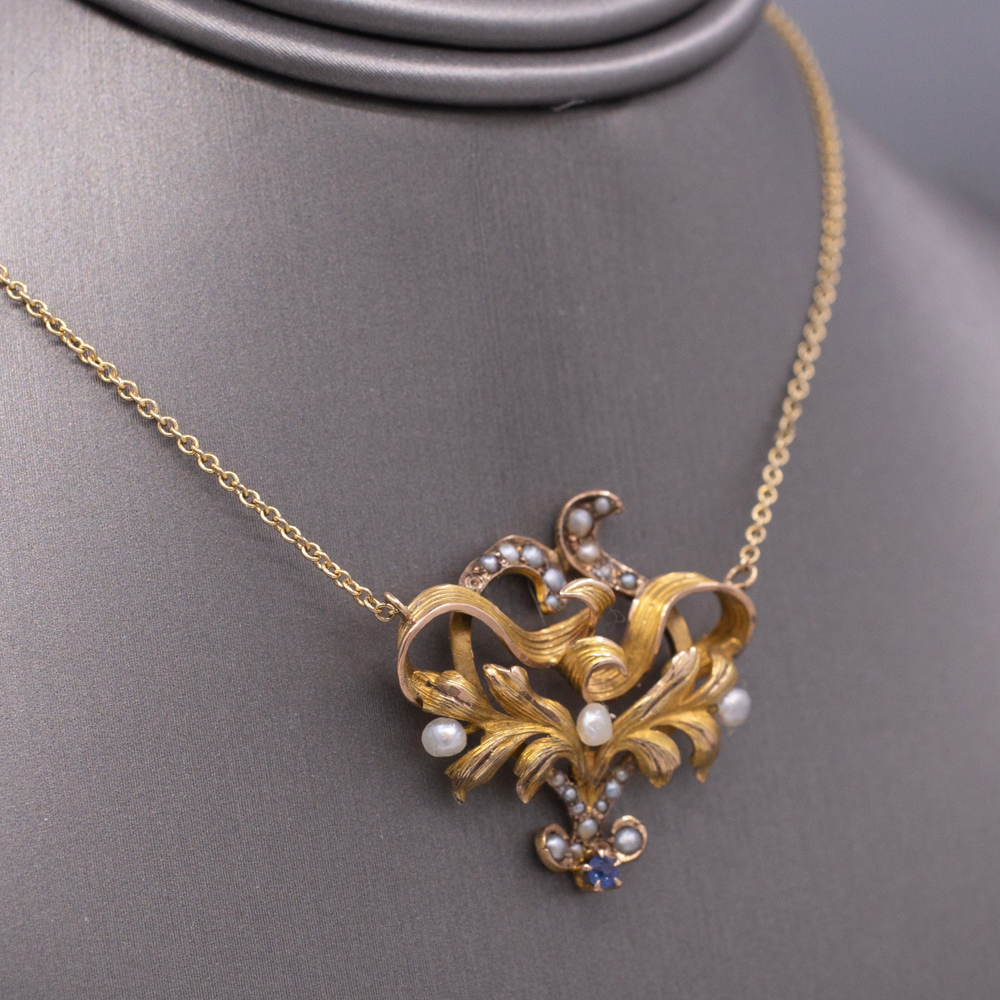 Antique Victorian Seed Pearl and Blue Sapphire Pendant Necklace in 14k Yellow Gold