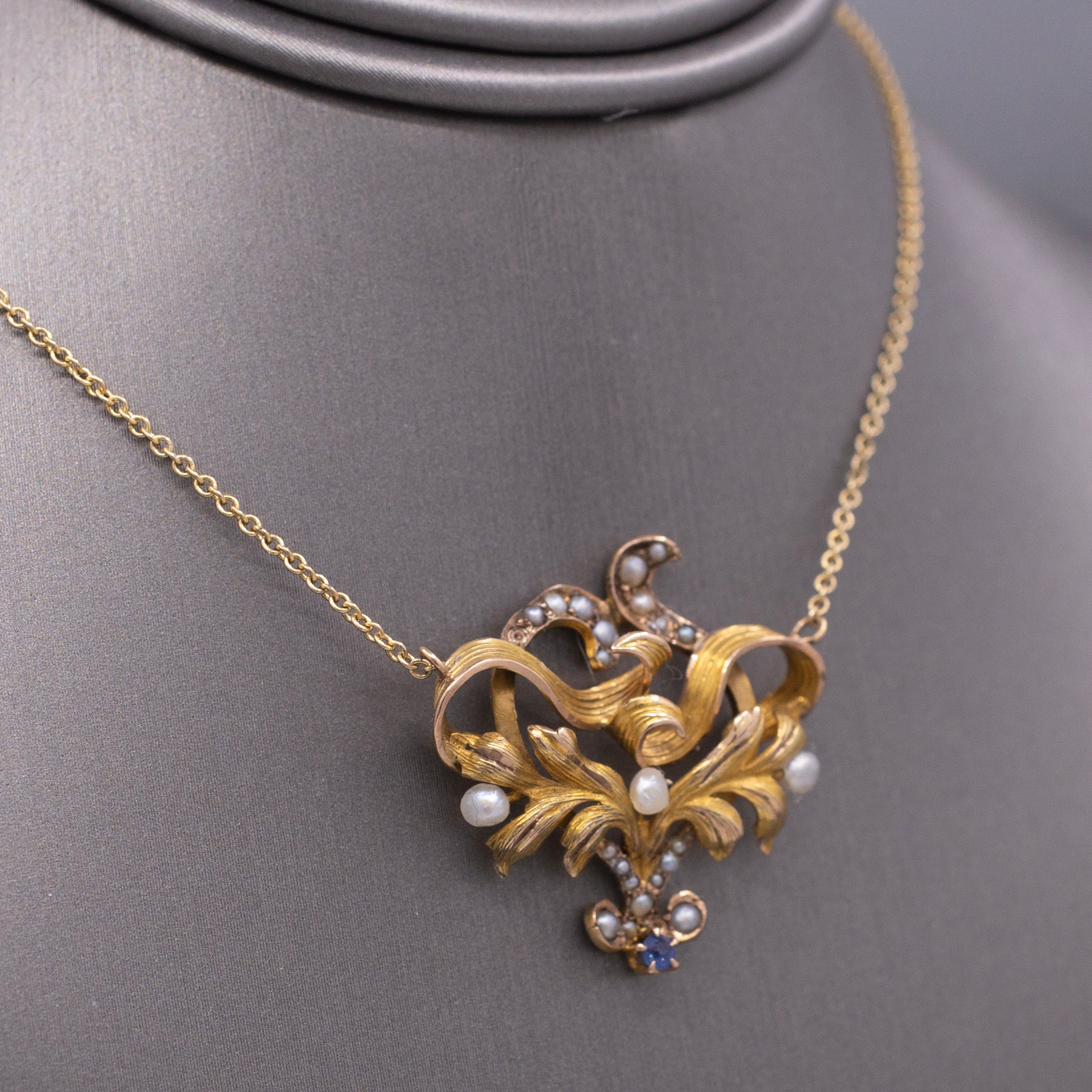 Antique Victorian Seed Pearl and Blue Sapphire Pendant Necklace in 14k Yellow Gold