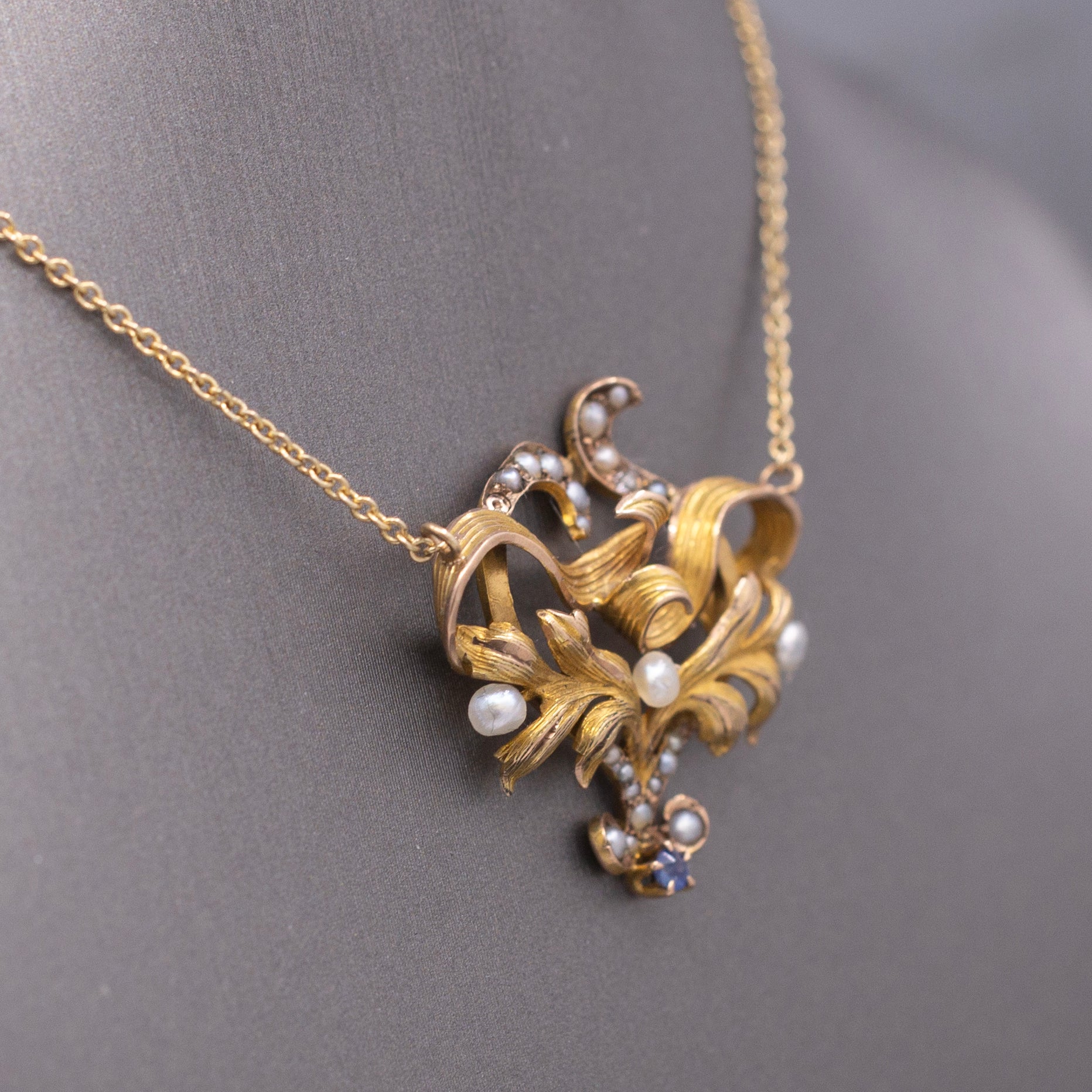 Antique Victorian Seed Pearl and Blue Sapphire Pendant Necklace in 14k Yellow Gold