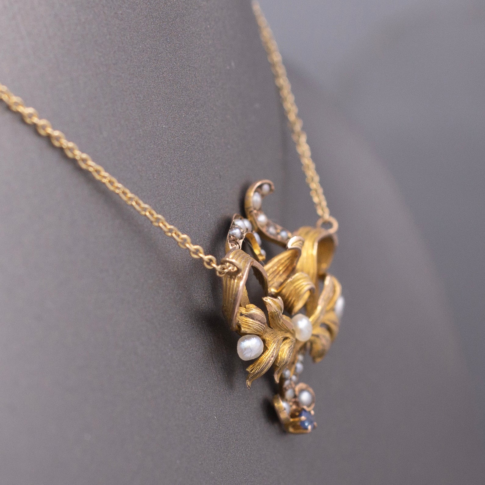 Antique Victorian Seed Pearl and Blue Sapphire Pendant Necklace in 14k Yellow Gold