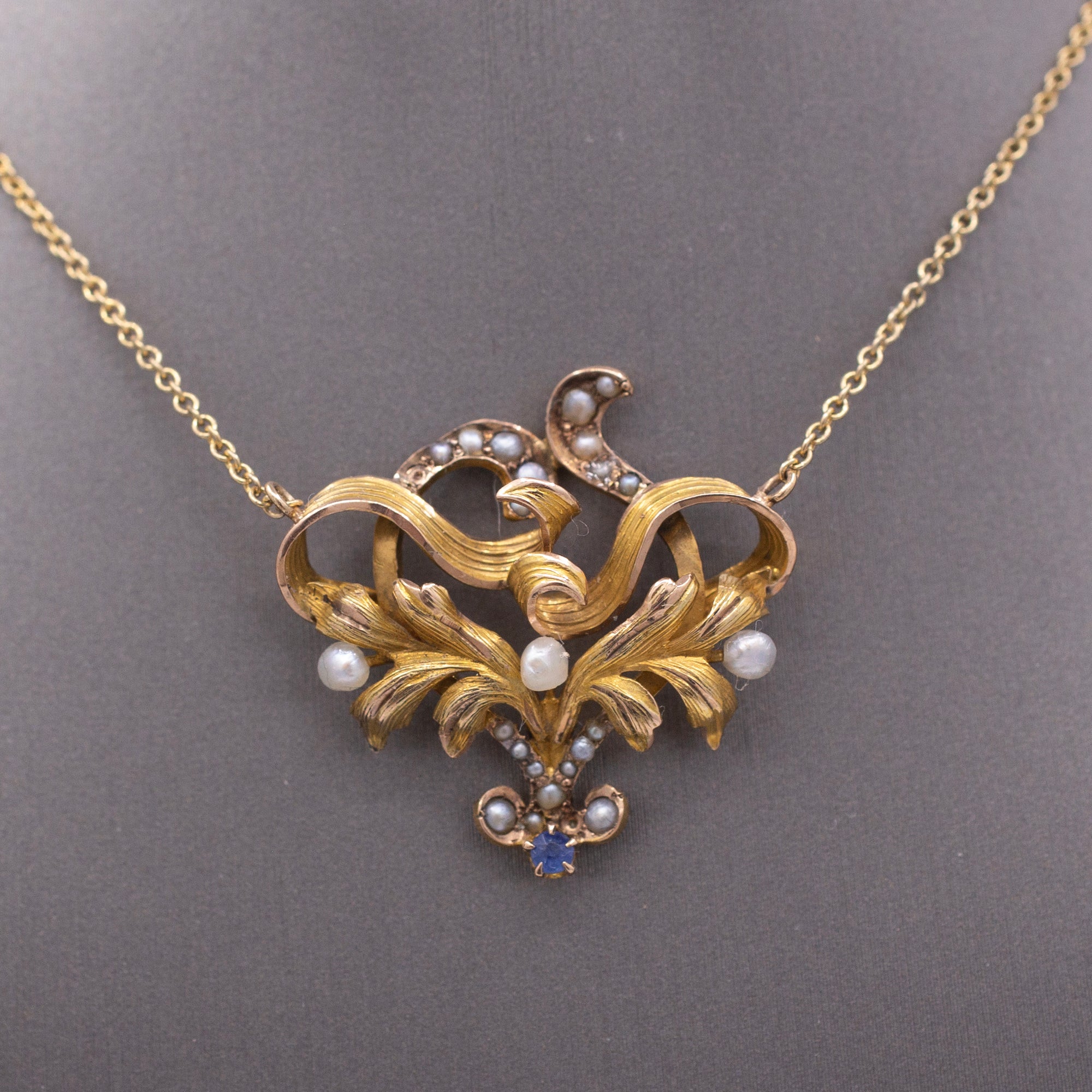 Antique Victorian Seed Pearl and Blue Sapphire Pendant Necklace in 14k Yellow Gold