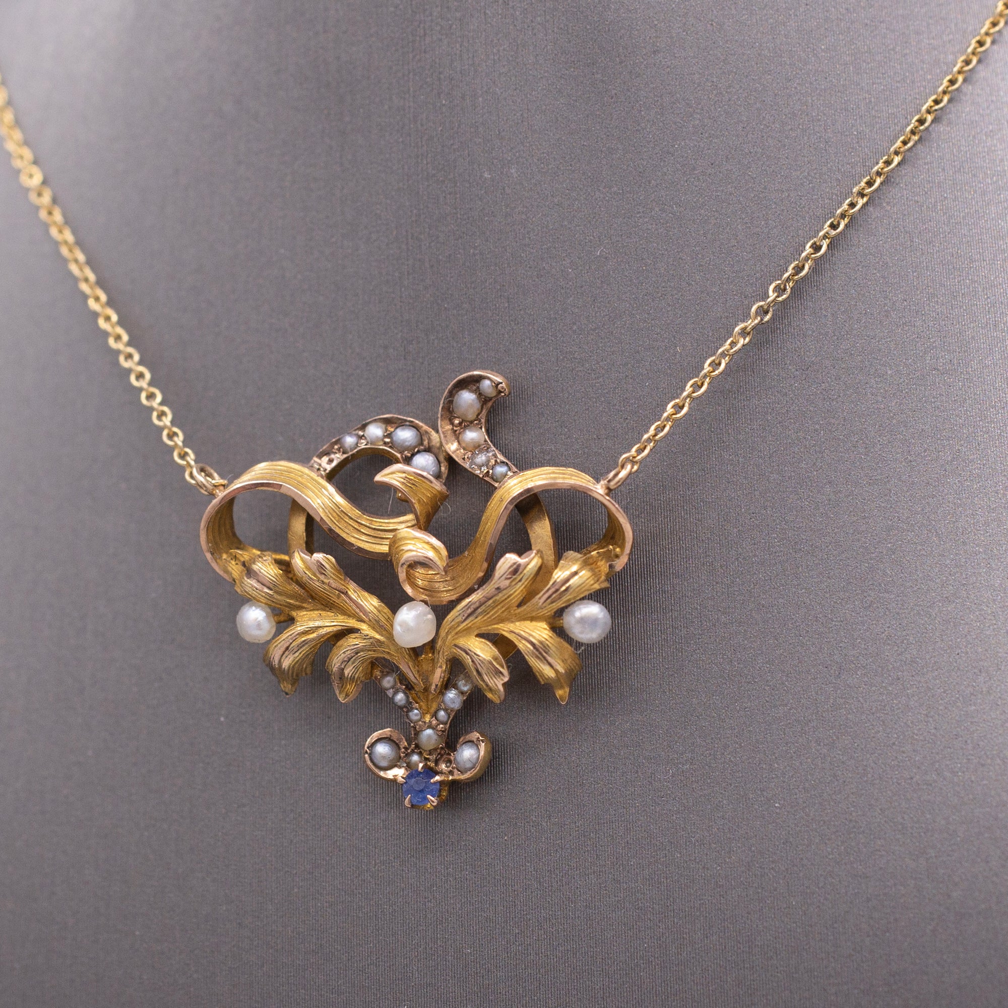 Antique Victorian Seed Pearl and Blue Sapphire Pendant Necklace in 14k Yellow Gold