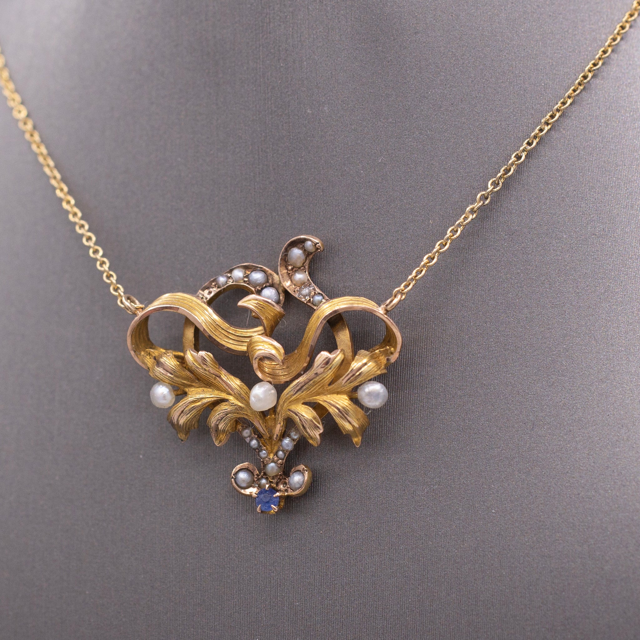 Antique Victorian Seed Pearl and Blue Sapphire Pendant Necklace in 14k Yellow Gold