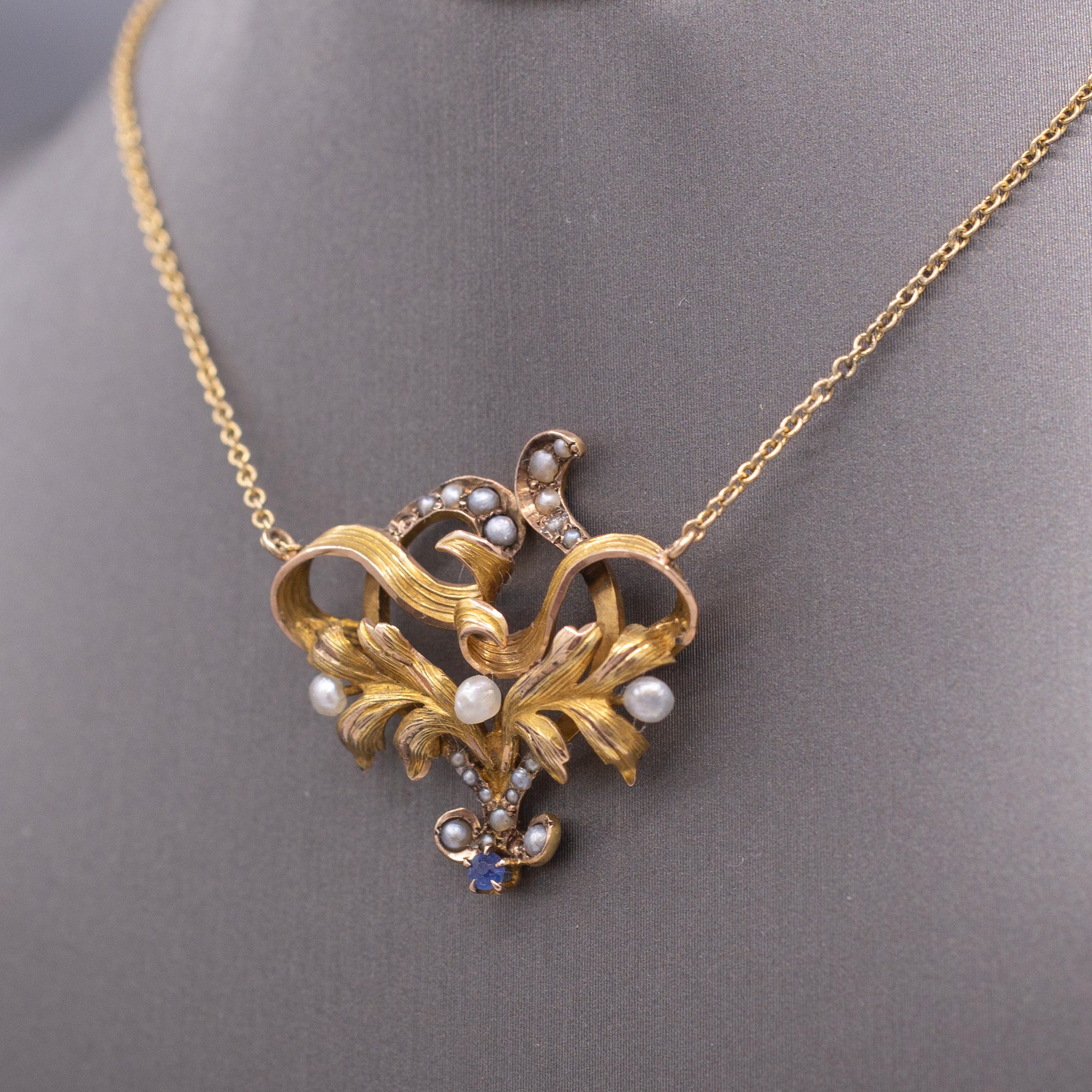 Antique Victorian Seed Pearl and Blue Sapphire Pendant Necklace in 14k Yellow Gold