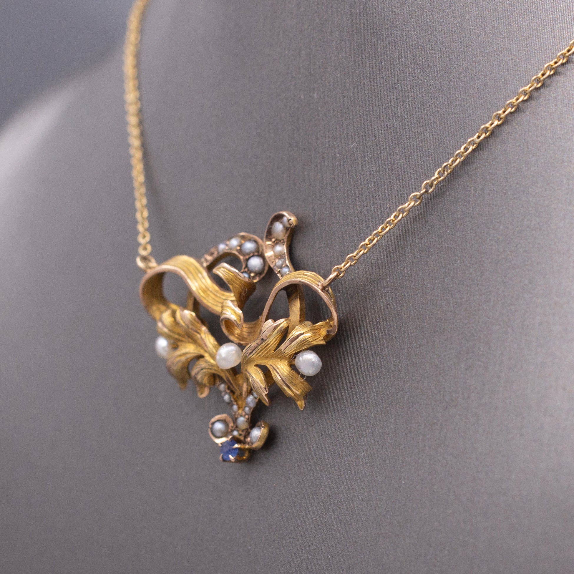 Antique Victorian Seed Pearl and Blue Sapphire Pendant Necklace in 14k Yellow Gold