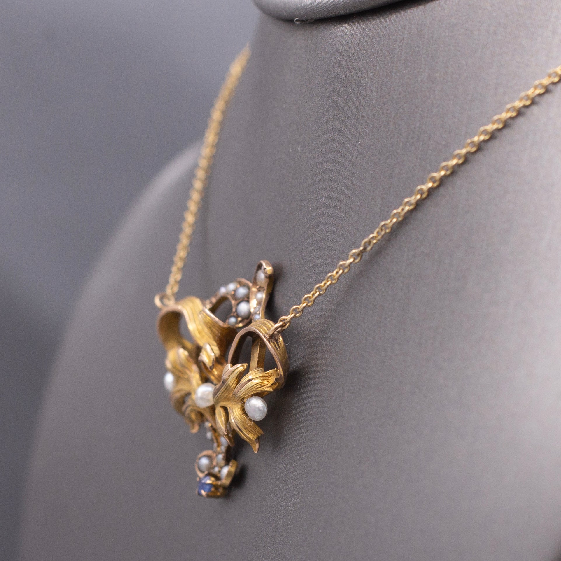 Antique Victorian Seed Pearl and Blue Sapphire Pendant Necklace in 14k Yellow Gold
