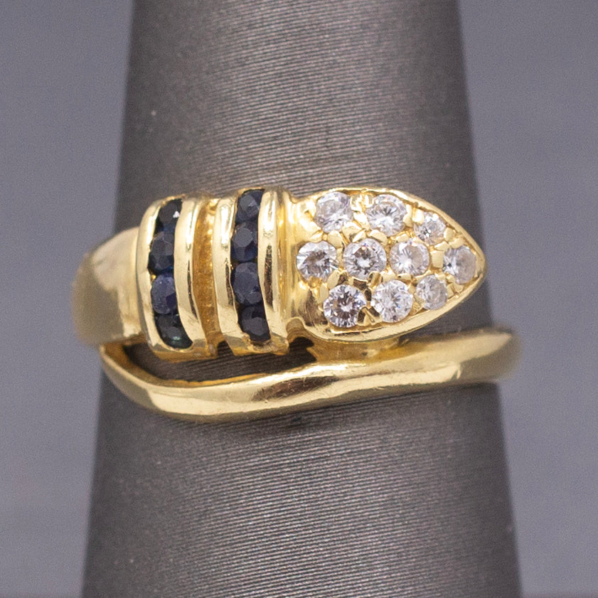 Vintage Diamond and Blue Sapphire Wrap Around Snake Ring in 18k Yellow Gold