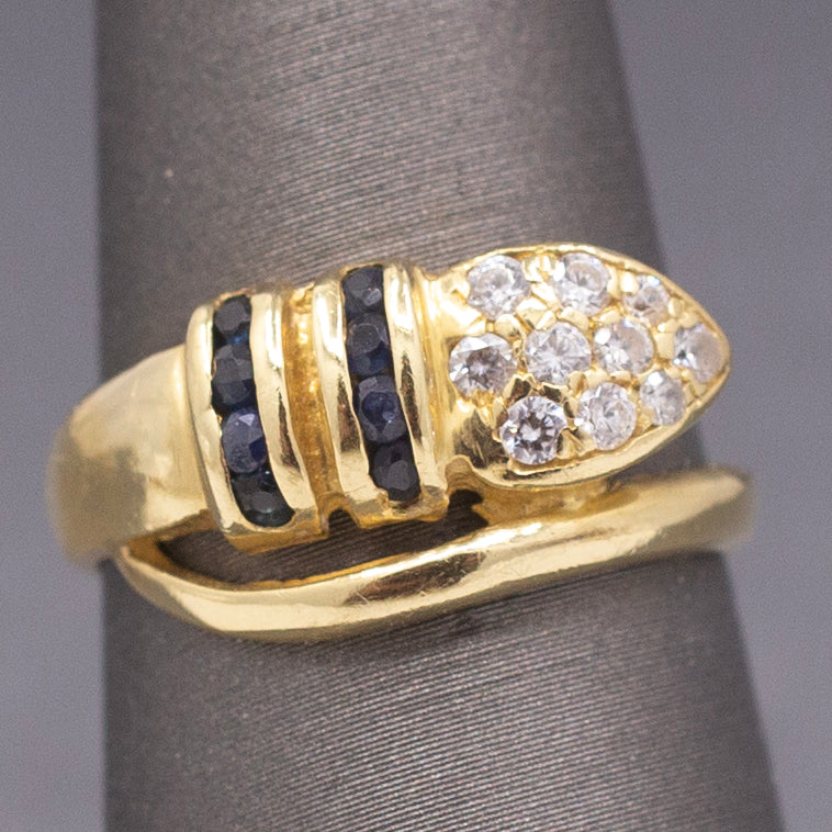 Vintage Diamond and Blue Sapphire Wrap Around Snake Ring in 18k Yellow Gold